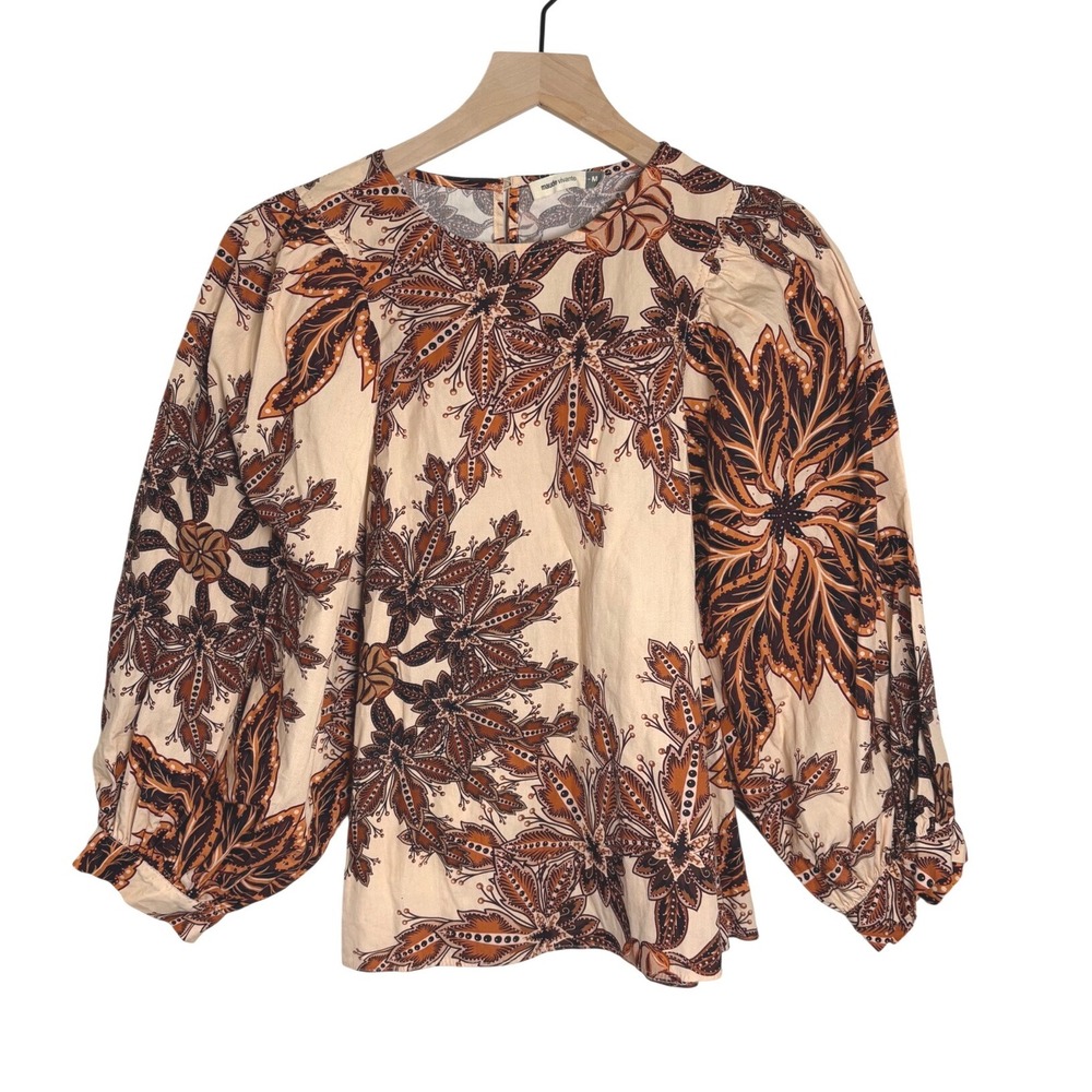 Maude Vivante Women Bohemian Floral Cotton Puff‎ Sleeve Blouse Top Size Medium